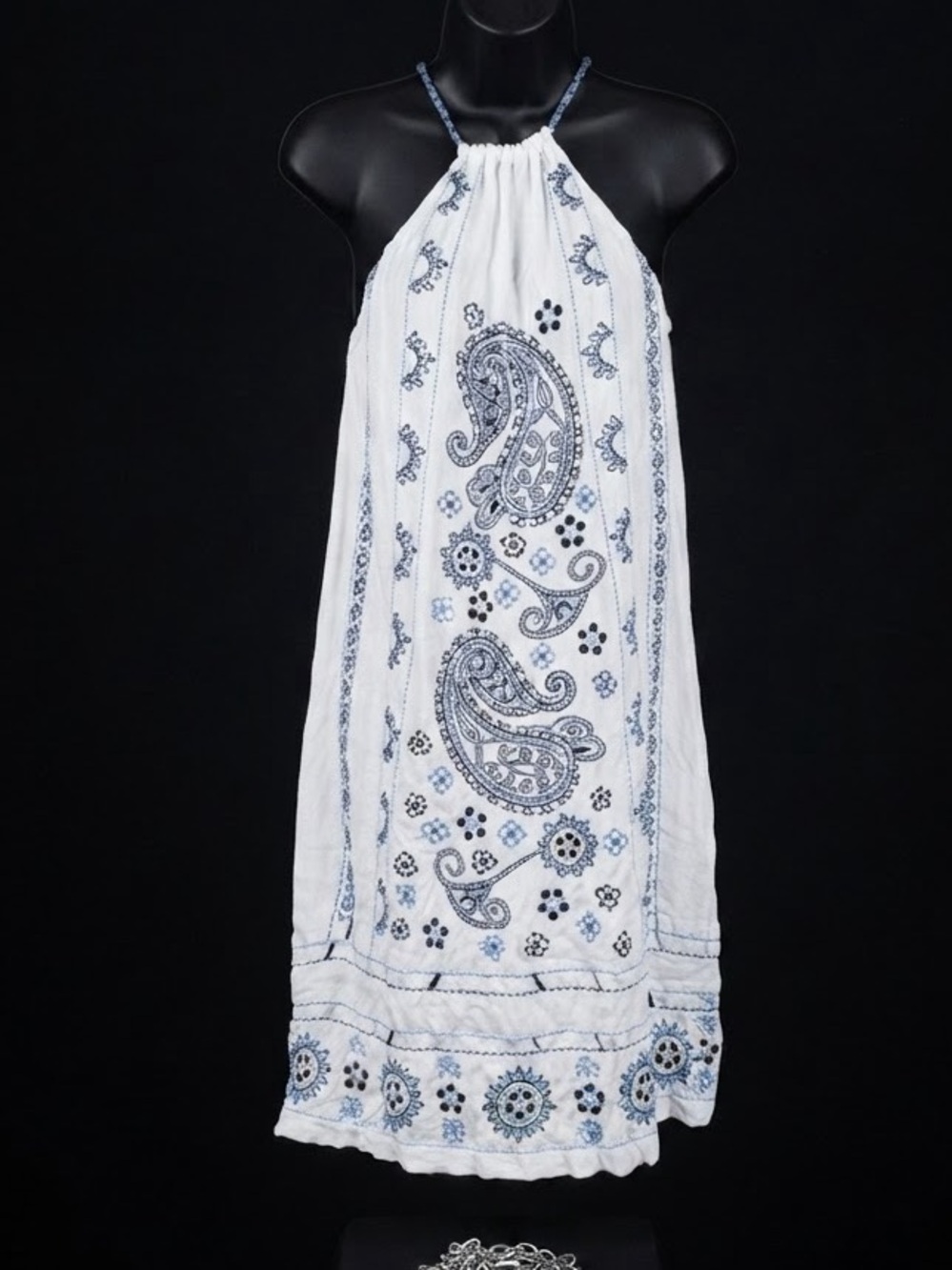 Venus White Halter Maxi Dress with a Blue Paisley Print Embroidered small